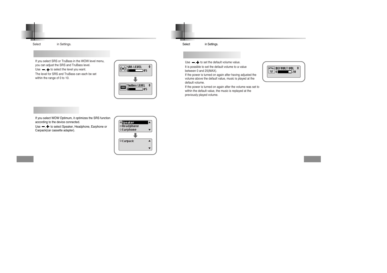 Wow level, Default volume, Wow level default volume | Adjusting srs and trubass level, Wow optimum, Default vol | Samsung YPT5V-XAC User Manual | Page 25 / 29