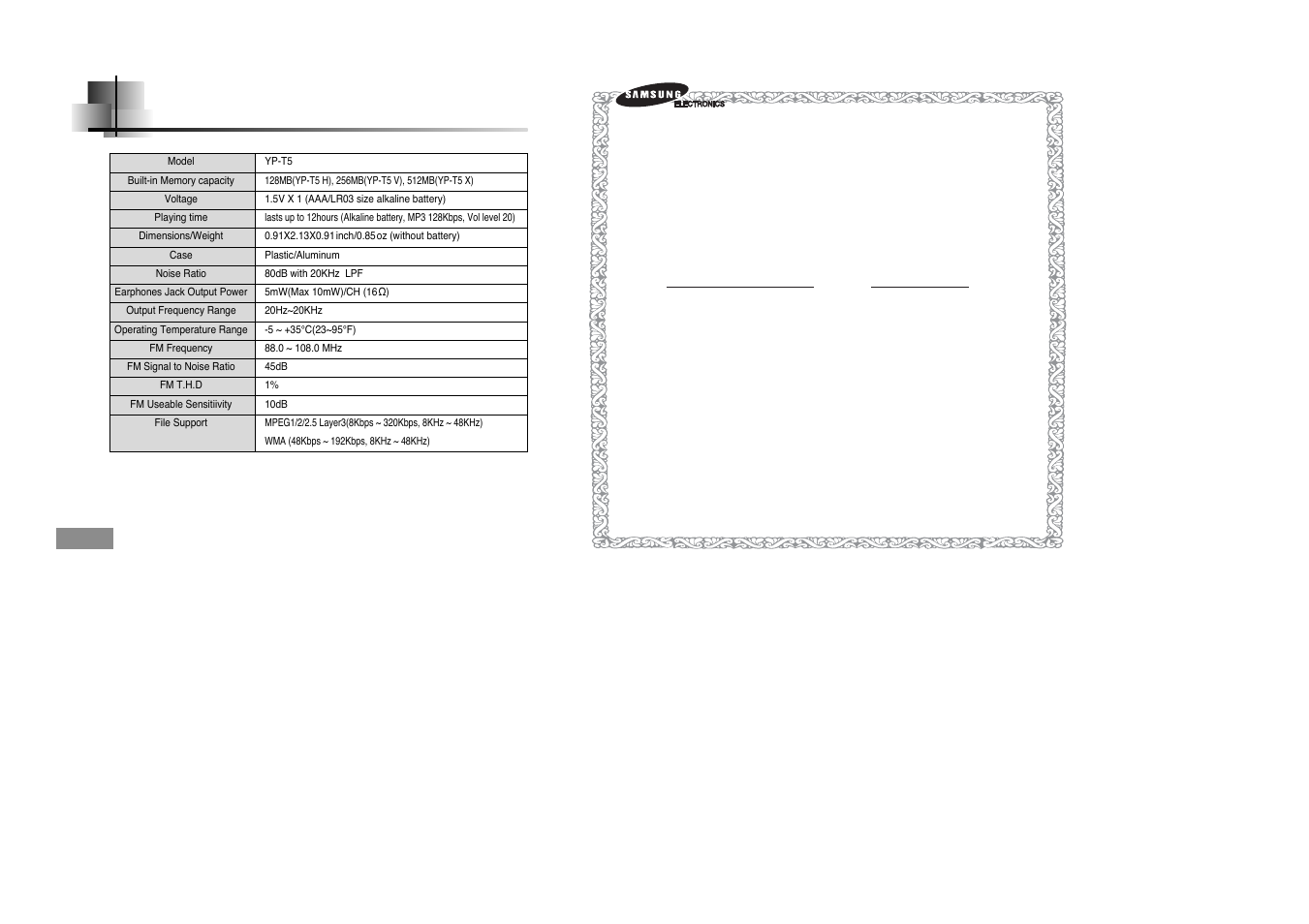 Specifications | Samsung YPT5V-XAC User Manual | Page 28 / 29