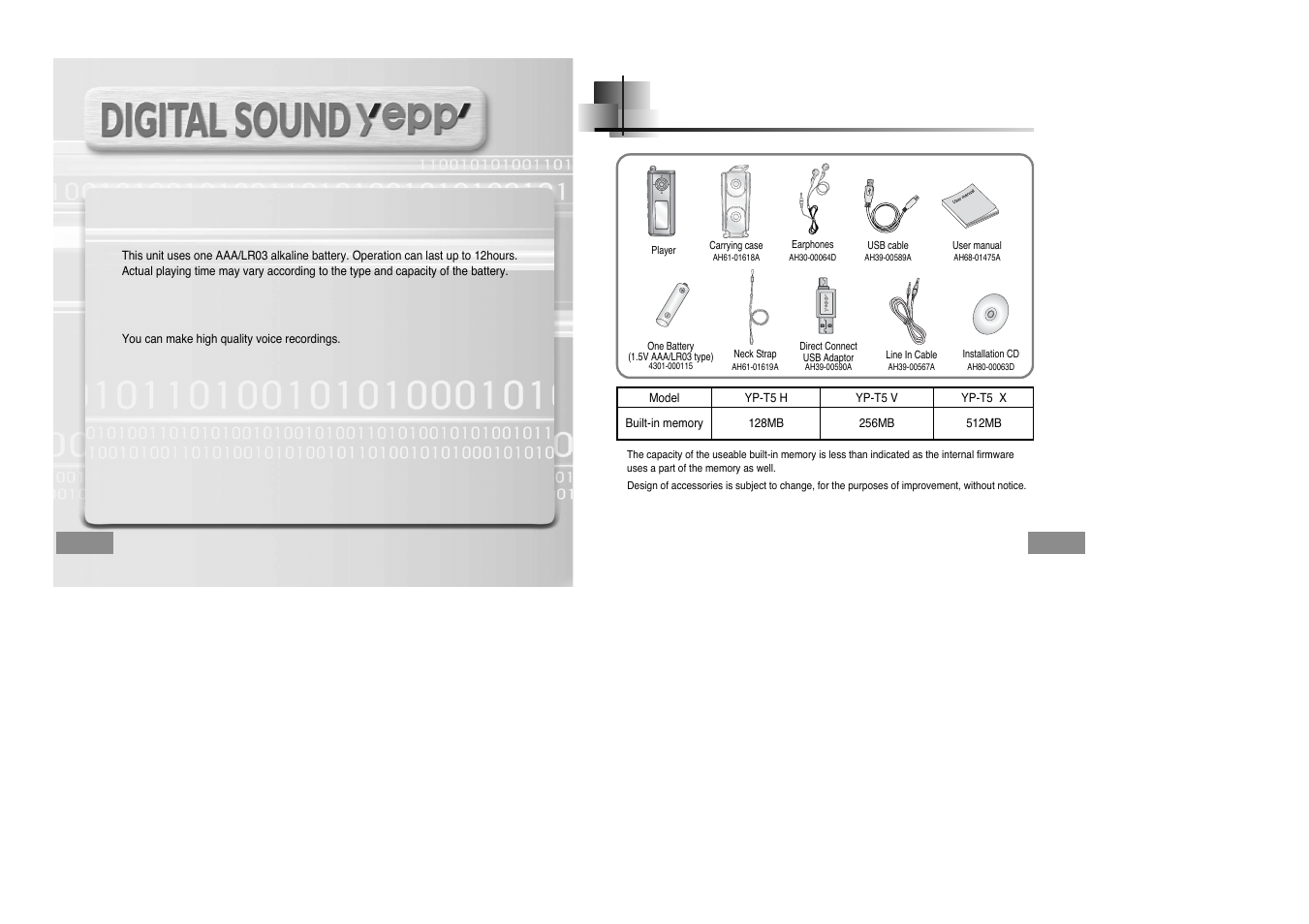 Accessories, Hour continuous play, Voice recording function | Samsung YPT5V-XAC User Manual | Page 5 / 29