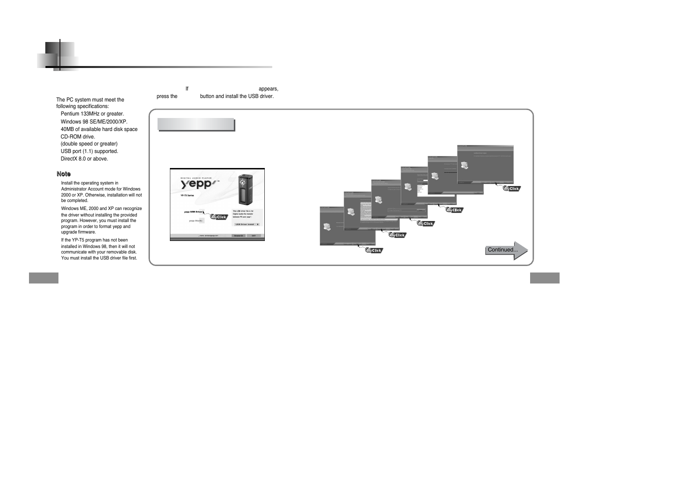 Connection to computer, Connecting the yepp to a pc, System requirements | Installing software | Samsung YPT5V-XAC User Manual | Page 7 / 29