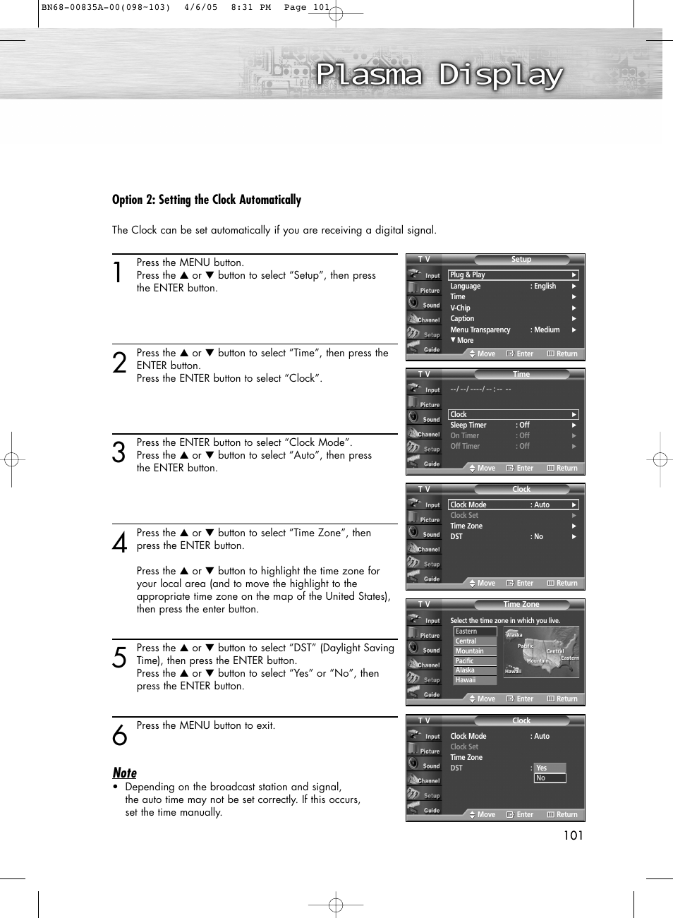 Setting the on/off timer, Option 2: setting the clock automatically | Samsung HPR5052X-XAP User Manual | Page 101 / 146