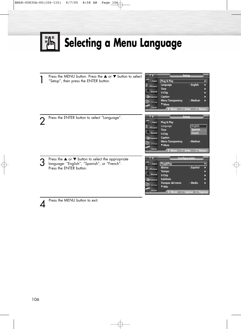 Selecting a menu language, Digital noise reduction | Samsung HPR5052X-XAP User Manual | Page 106 / 146