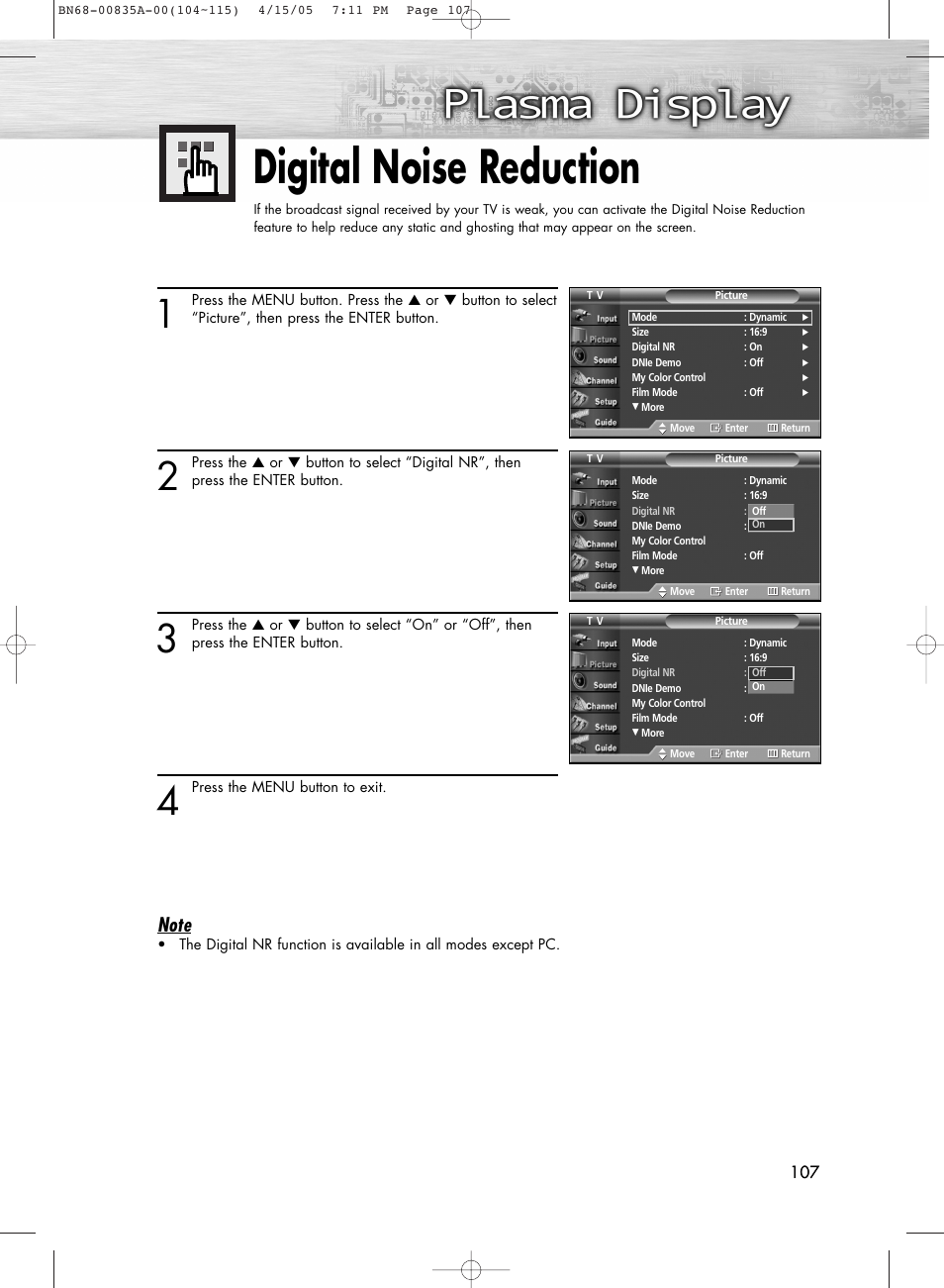 Selecting the film mode, Digital noise reduction | Samsung HPR5052X-XAP User Manual | Page 107 / 146