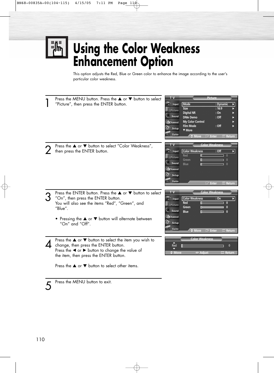 Using the color weakness enhancement option | Samsung HPR5052X-XAP User Manual | Page 110 / 146