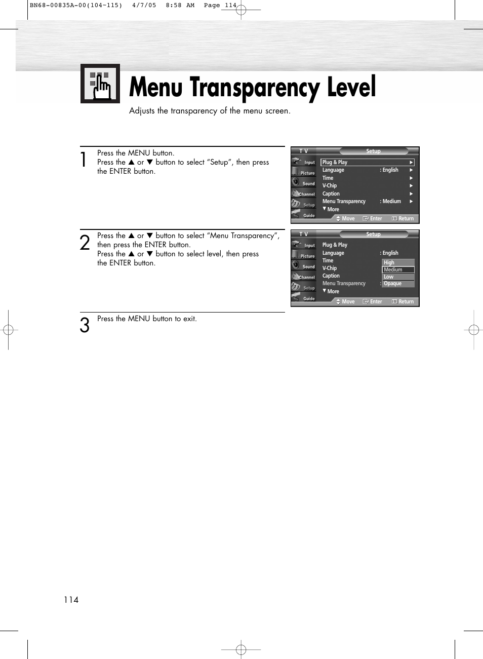Using the energy saving feature, Menu transparency level | Samsung HPR5052X-XAP User Manual | Page 114 / 146