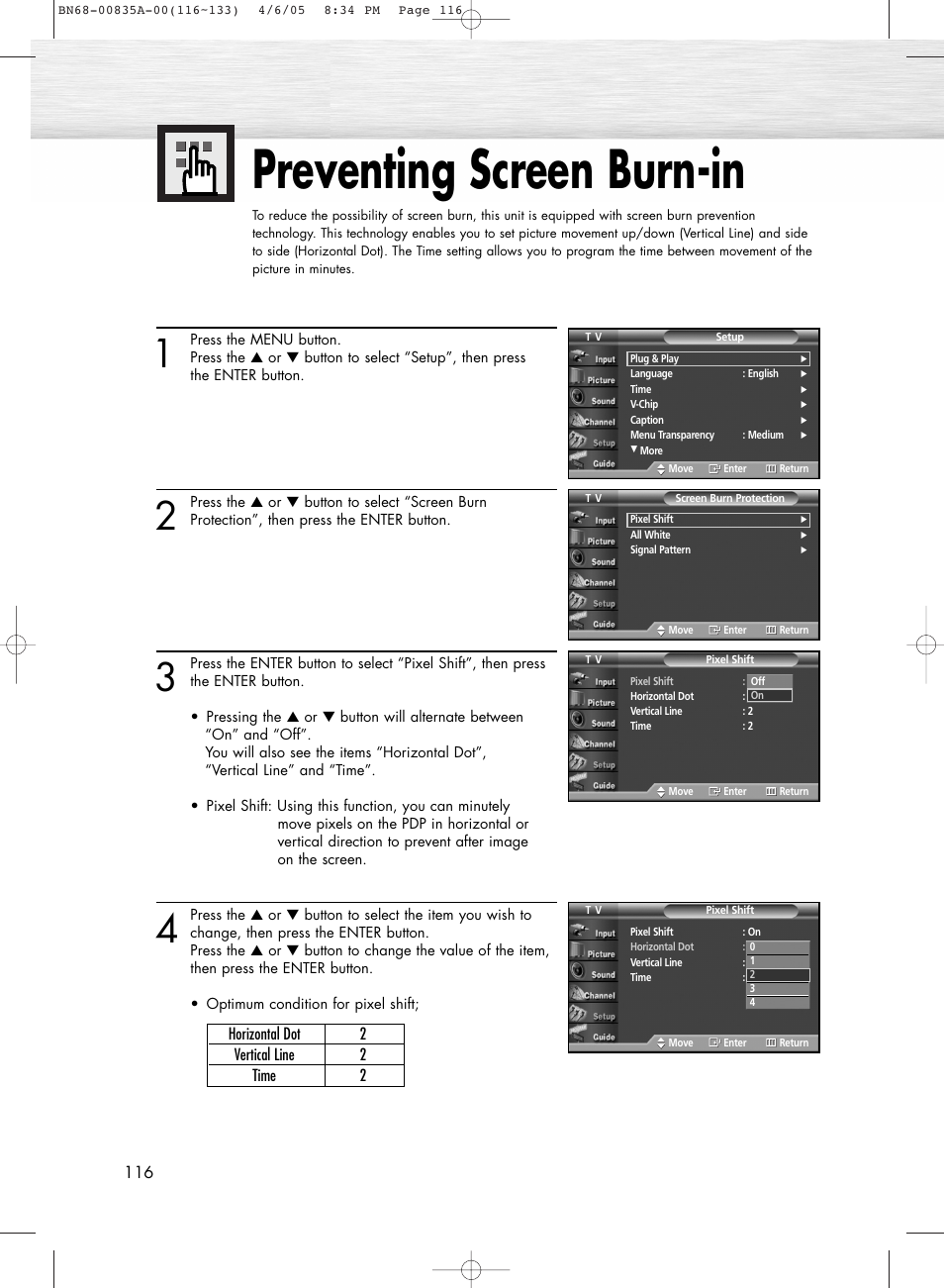 Preventing screen burn-in, Reducing the effects of screen burn | Samsung HPR5052X-XAP User Manual | Page 116 / 146