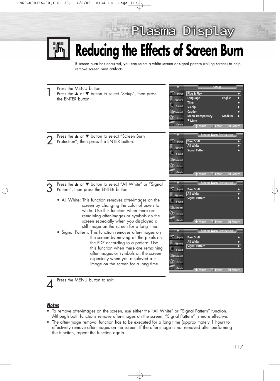 Setting the function help, Reducing the effects of screen burn | Samsung HPR5052X-XAP User Manual | Page 117 / 146