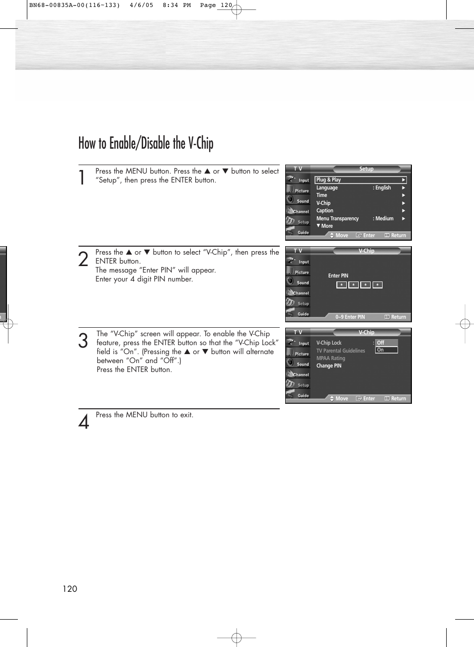 How to enable/disable the v-chip | Samsung HPR5052X-XAP User Manual | Page 120 / 146