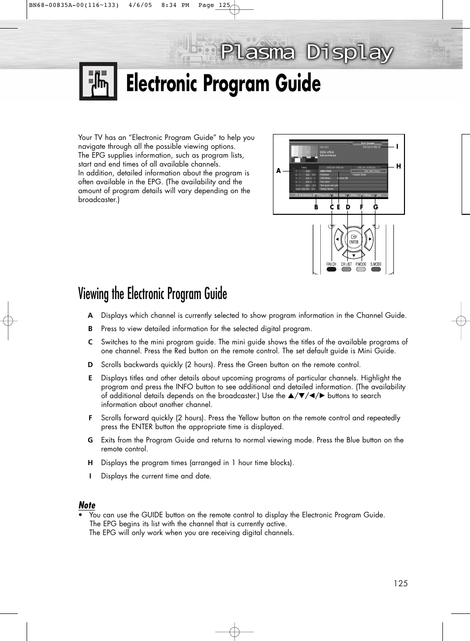 Electronic program guide, Viewing the electronic program guide | Samsung HPR5052X-XAP User Manual | Page 125 / 146
