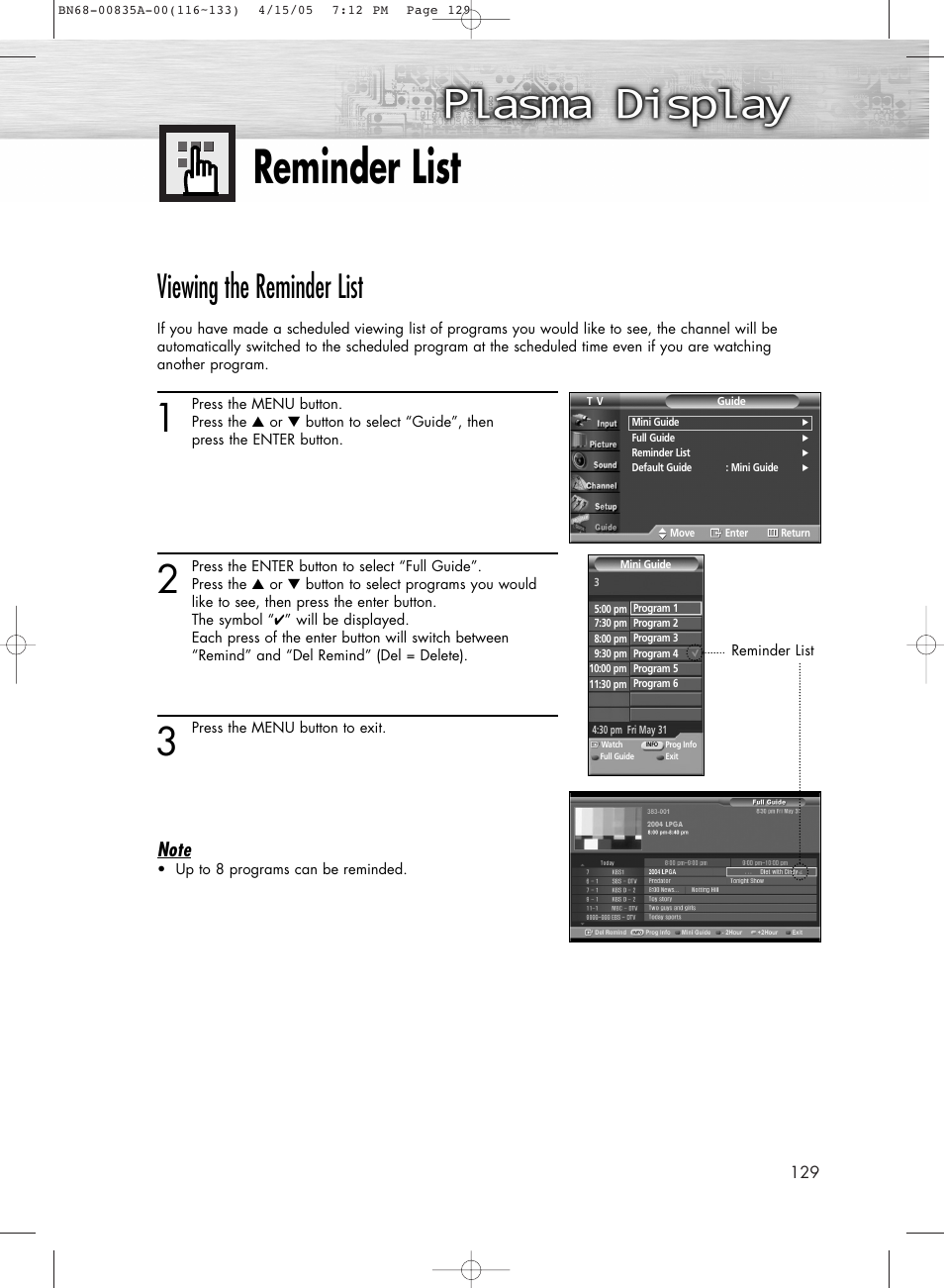 Reminder list, Viewing the reminder list | Samsung HPR5052X-XAP User Manual | Page 129 / 146