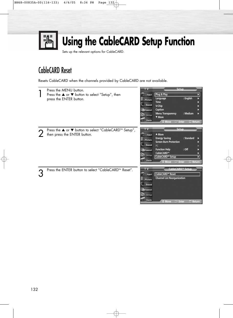 Using the cablecard setup function, Cablecard reset | Samsung HPR5052X-XAP User Manual | Page 132 / 146