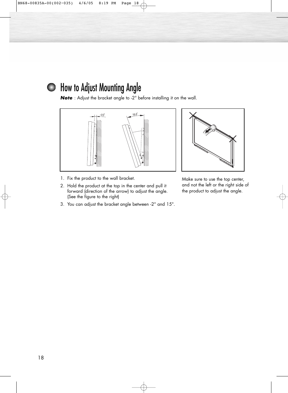 How to adjust mounting angle | Samsung HPR5052X-XAP User Manual | Page 18 / 146