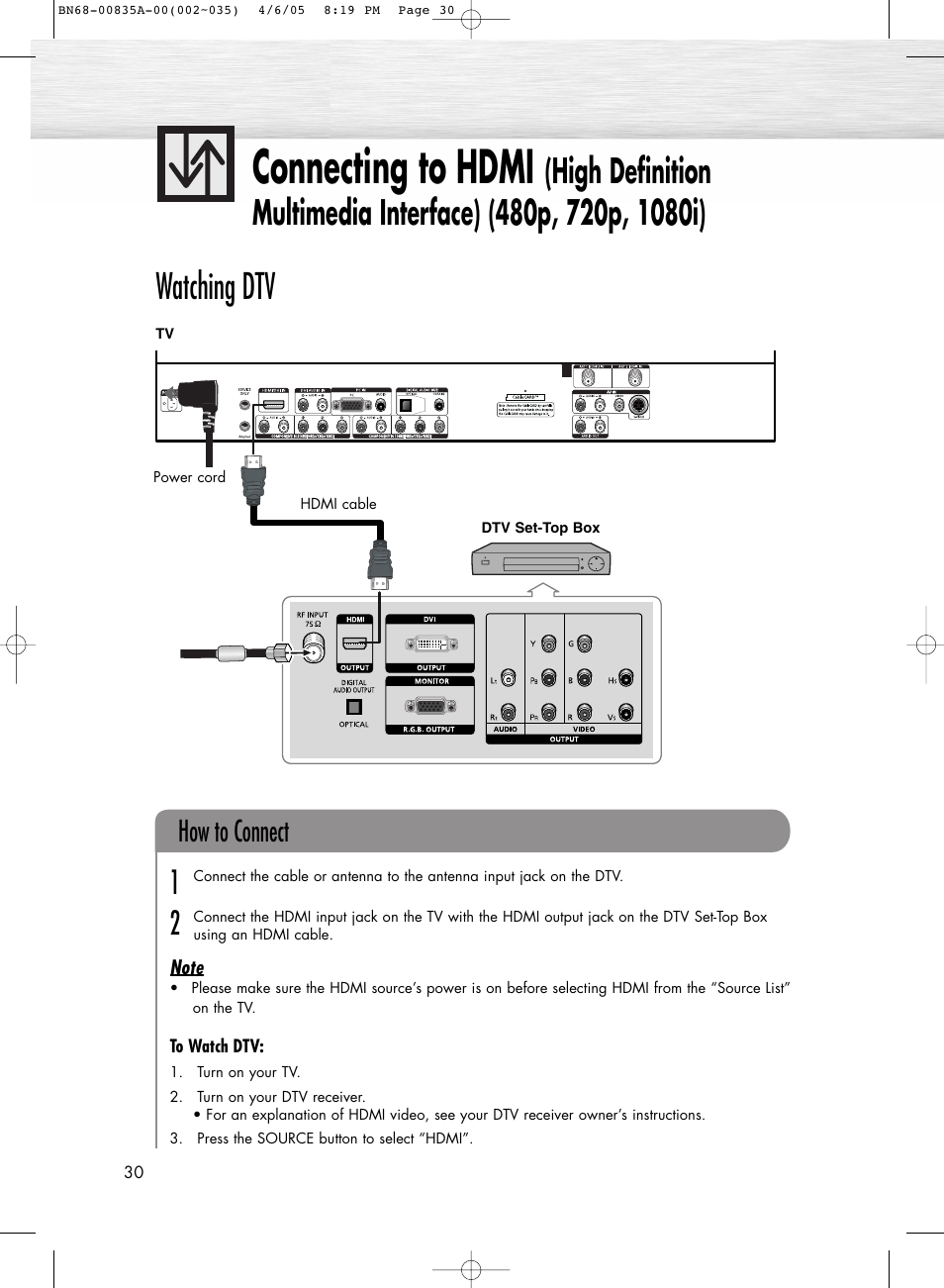 Connecting to hdmi, Watching dtv, How to connect | Samsung HPR5052X-XAP User Manual | Page 30 / 146