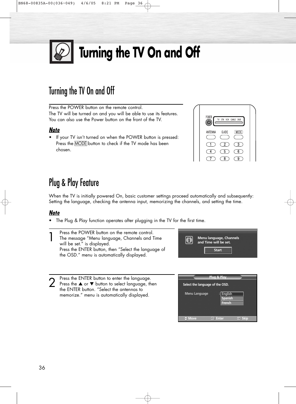 Turning the tv on and off, Plug & play feature | Samsung HPR5052X-XAP User Manual | Page 36 / 146