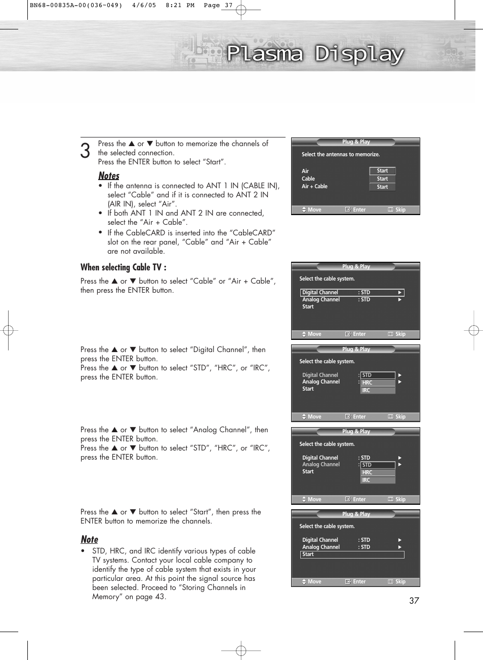 When selecting cable tv | Samsung HPR5052X-XAP User Manual | Page 37 / 146