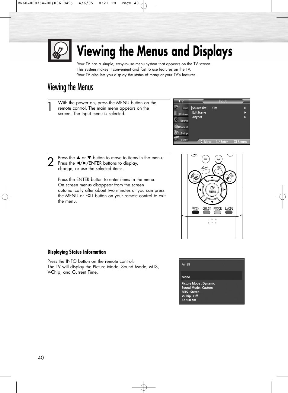 Viewing the menus and displays, Viewing the menus | Samsung HPR5052X-XAP User Manual | Page 40 / 146