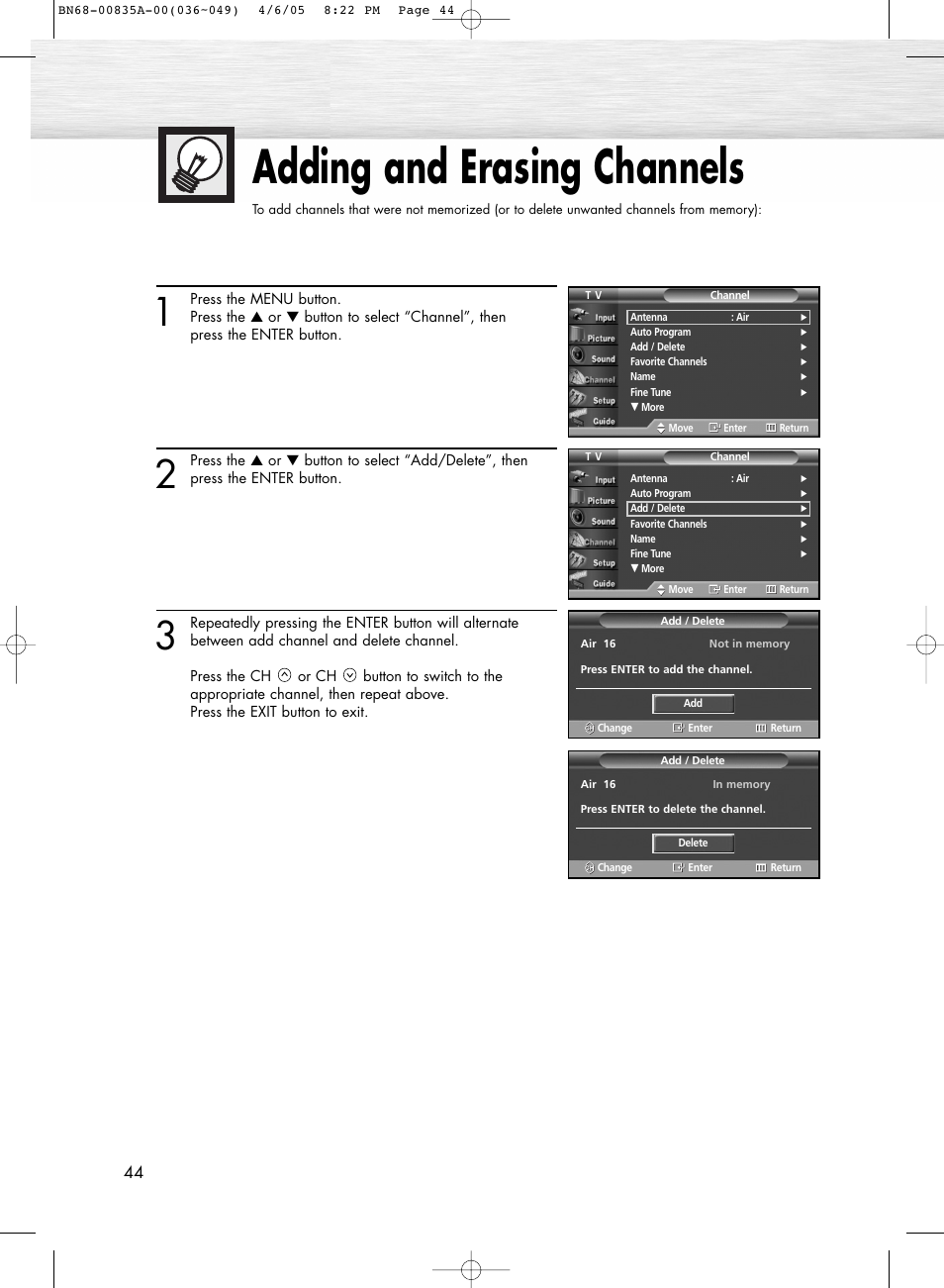 Adding and erasing channels | Samsung HPR5052X-XAP User Manual | Page 44 / 146
