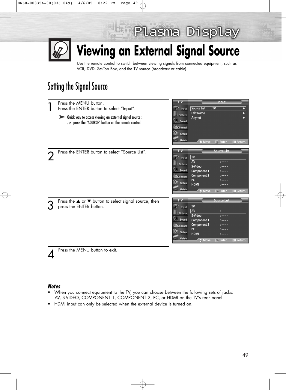 Viewing an external signal source, Setting the signal source | Samsung HPR5052X-XAP User Manual | Page 49 / 146