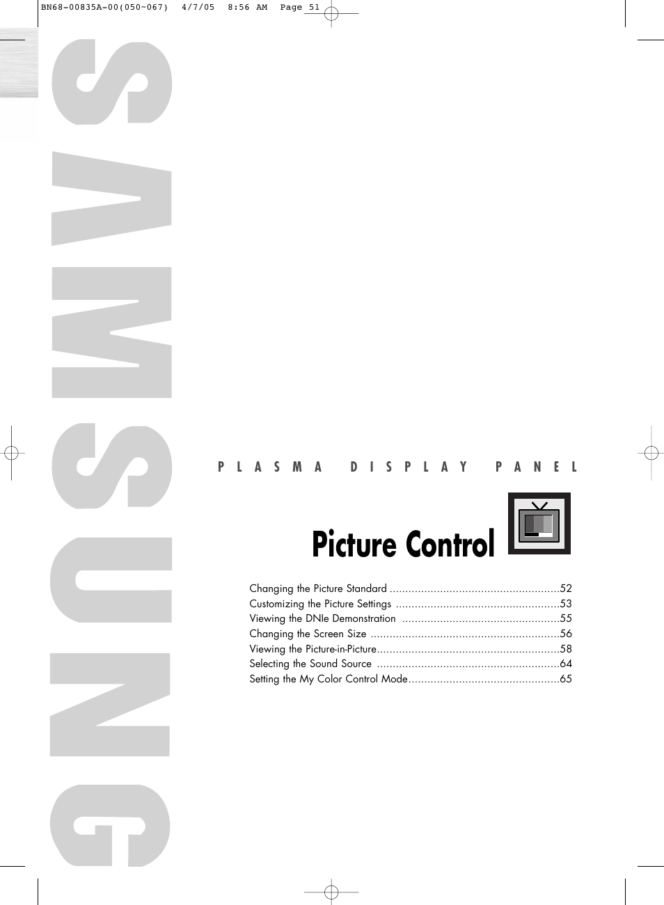 Picture control, Changing the picture standard | Samsung HPR5052X-XAP User Manual | Page 51 / 146
