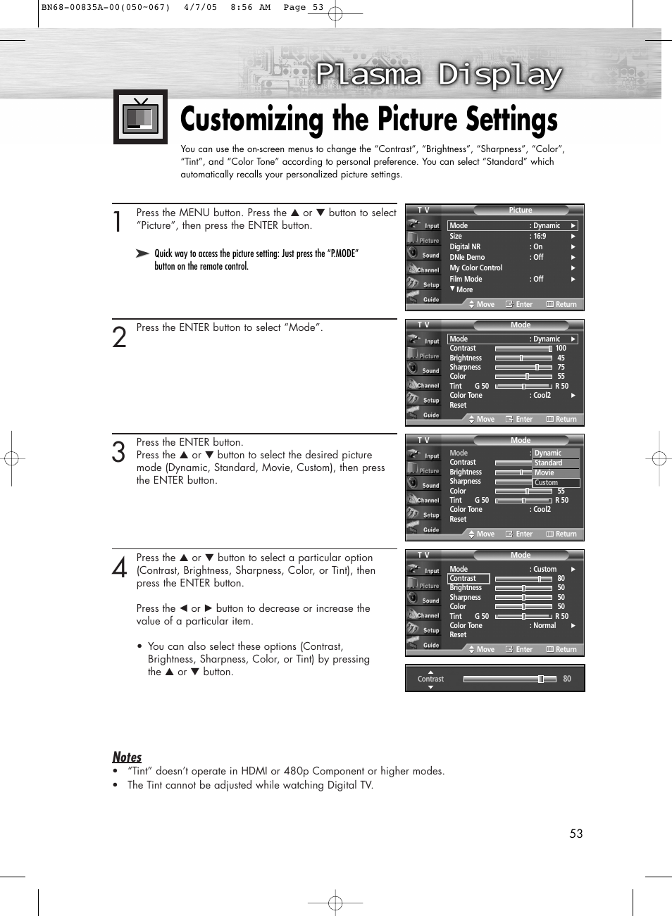 Customizing the picture settings | Samsung HPR5052X-XAP User Manual | Page 53 / 146
