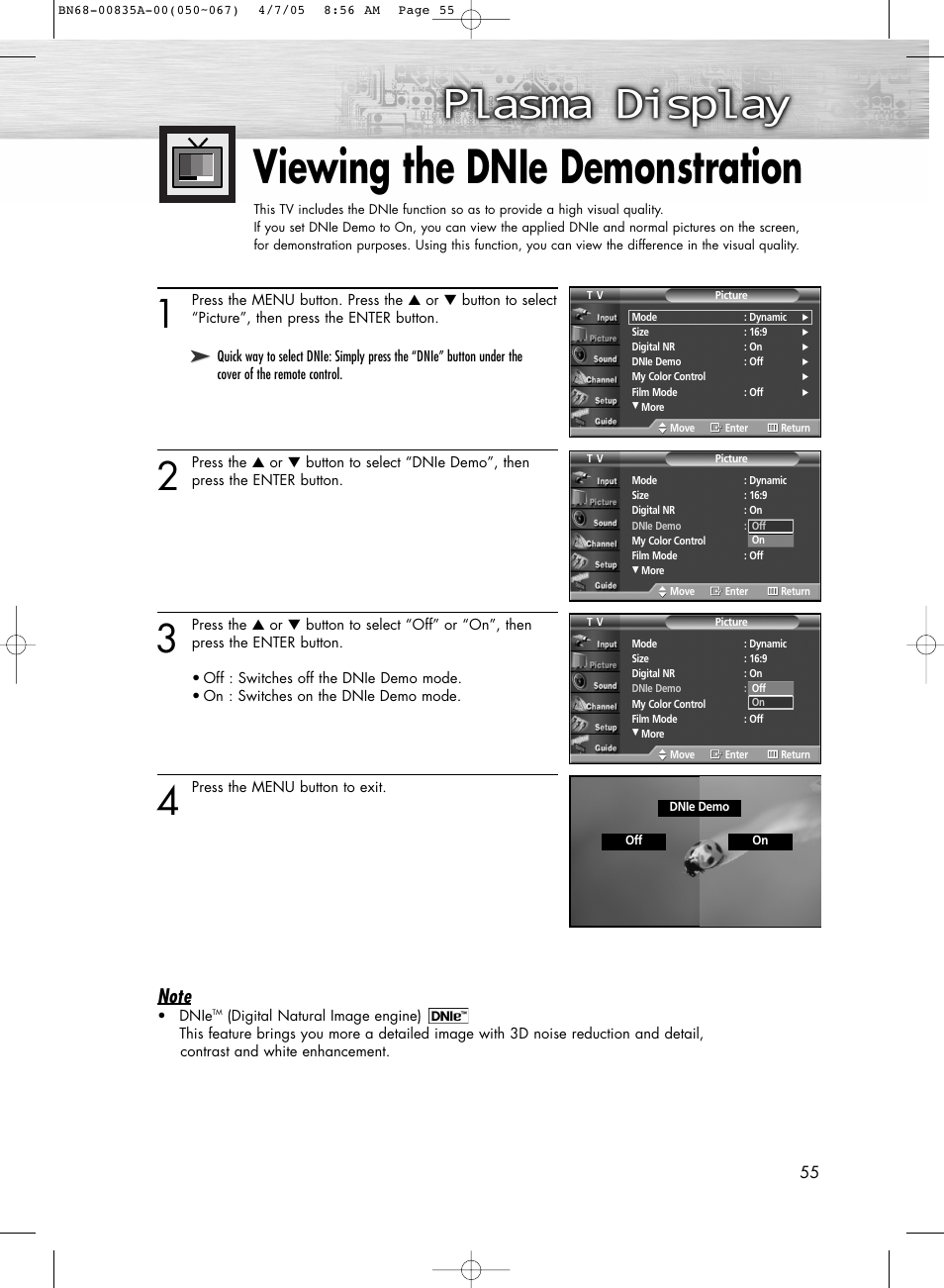 Changing the screen size, Viewing the dnie demonstration | Samsung HPR5052X-XAP User Manual | Page 55 / 146