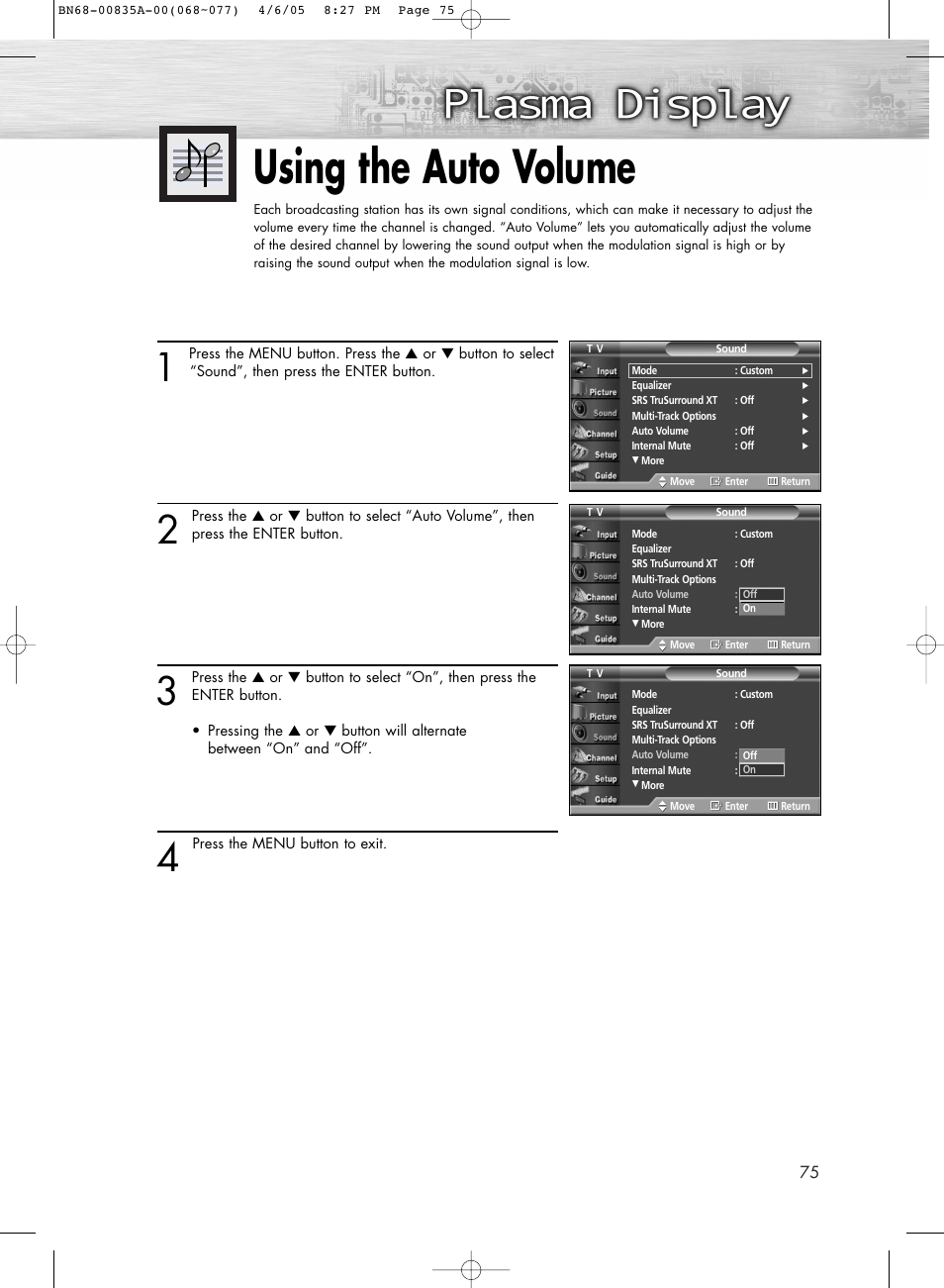 Choosing a digital sound format, Using the auto volume | Samsung HPR5052X-XAP User Manual | Page 75 / 146