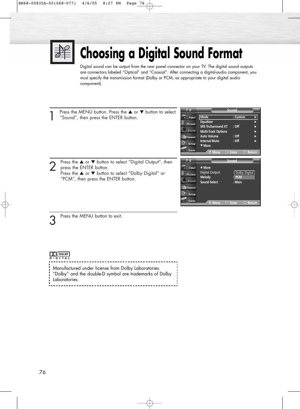 Choosing a digital sound format | Samsung HPR5052X-XAP User Manual | Page 76 / 146