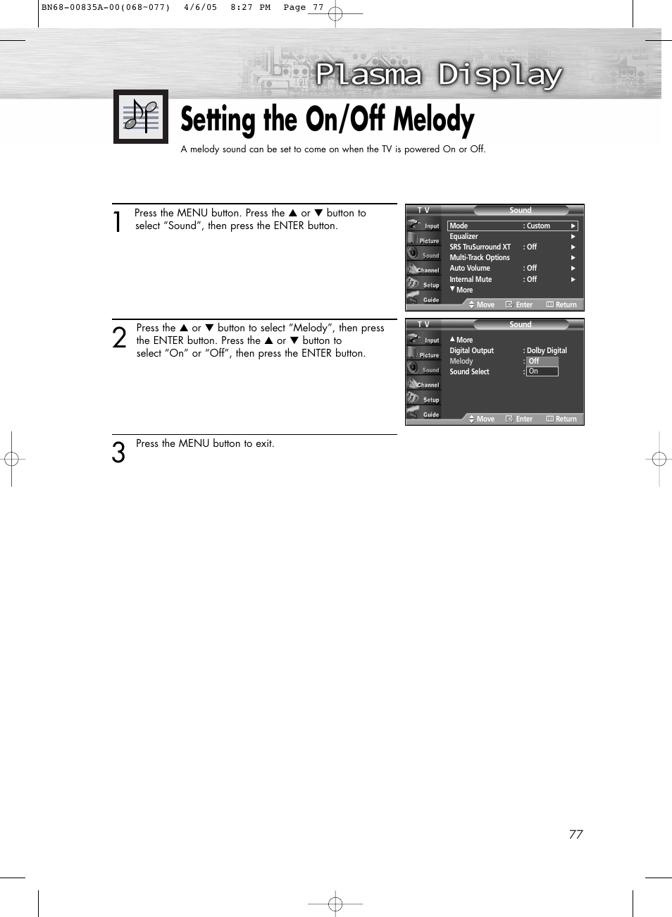 Setting the on/off melody | Samsung HPR5052X-XAP User Manual | Page 77 / 146