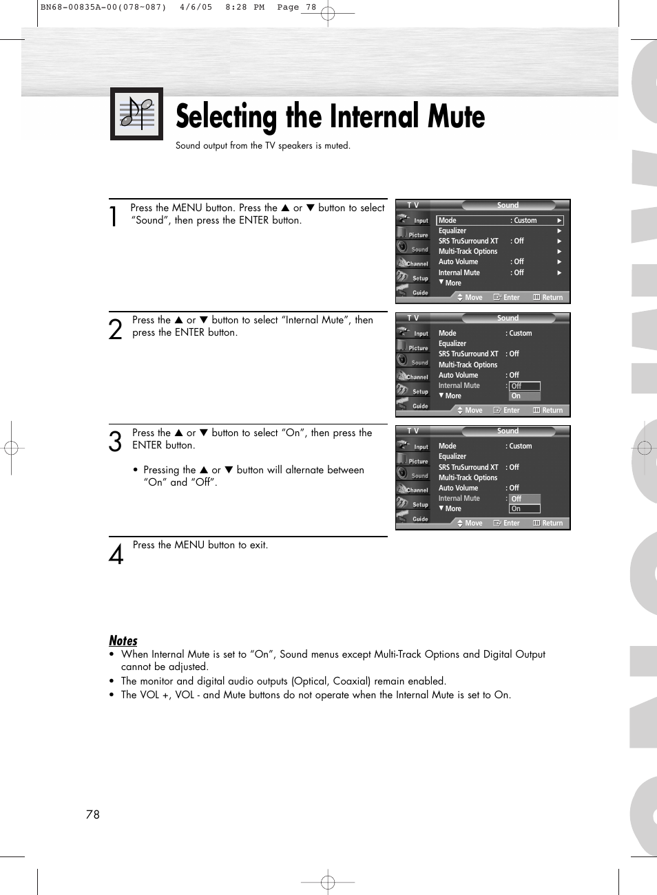 Selecting the internal mute | Samsung HPR5052X-XAP User Manual | Page 78 / 146