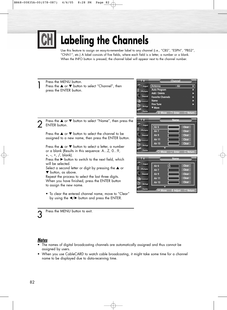 Labeling the channels | Samsung HPR5052X-XAP User Manual | Page 82 / 146