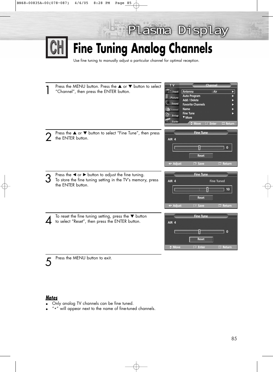 Checking the digital-signal strength, Fine tuning analog channels | Samsung HPR5052X-XAP User Manual | Page 85 / 146