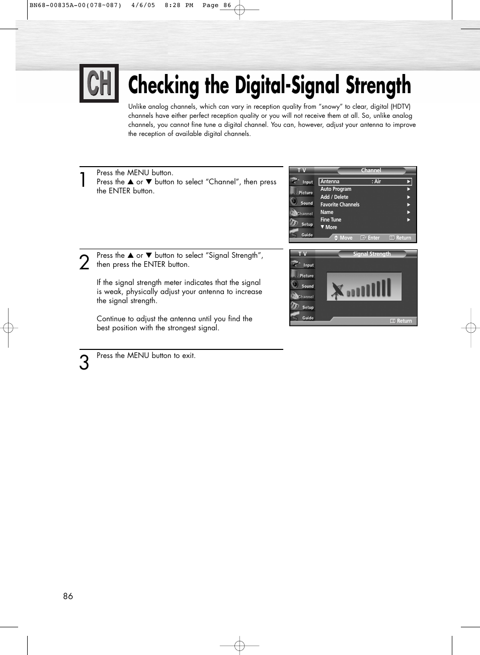 Lna (low noise amplifier), Checking the digital-signal strength | Samsung HPR5052X-XAP User Manual | Page 86 / 146
