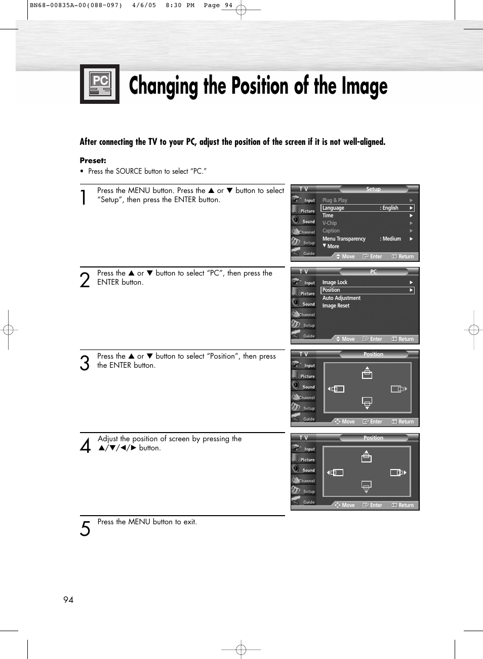 Picture quality adjustment, Changing the position of the image | Samsung HPR5052X-XAP User Manual | Page 94 / 146