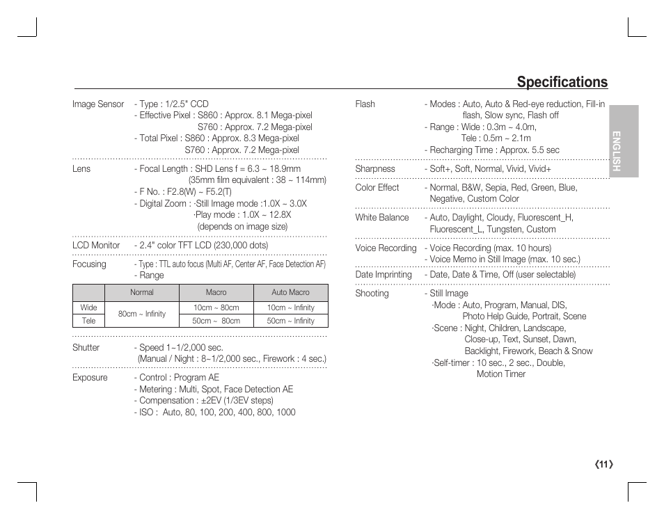 Specifi cations | Samsung EC-S860ZPBA-US User Manual | Page 12 / 114