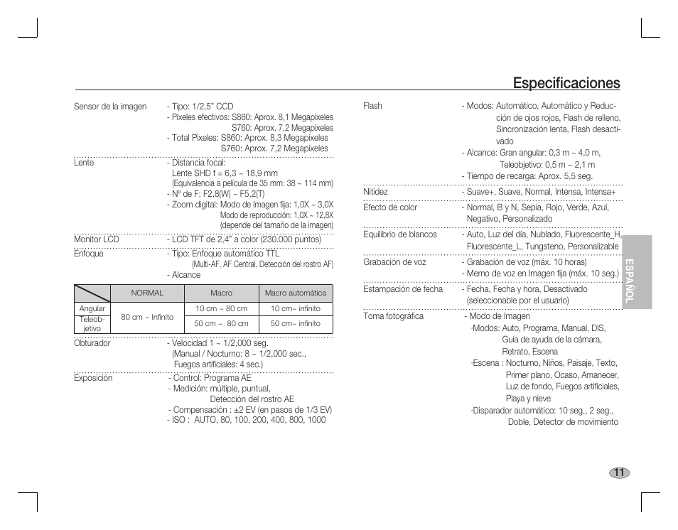 Especifi caciones | Samsung EC-S860ZPBA-US User Manual | Page 60 / 114