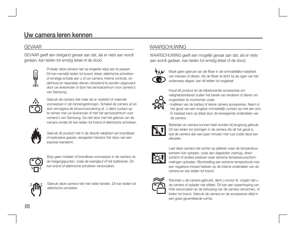 Uw camera leren kennen, Gevaar, Waarschuwing | Samsung EC-S860ZPBA-US User Manual | Page 83 / 114