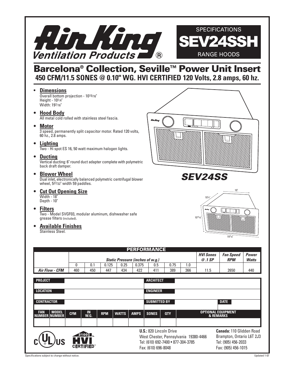 Air King Range Hoods SEV24SSH User Manual | 1 page