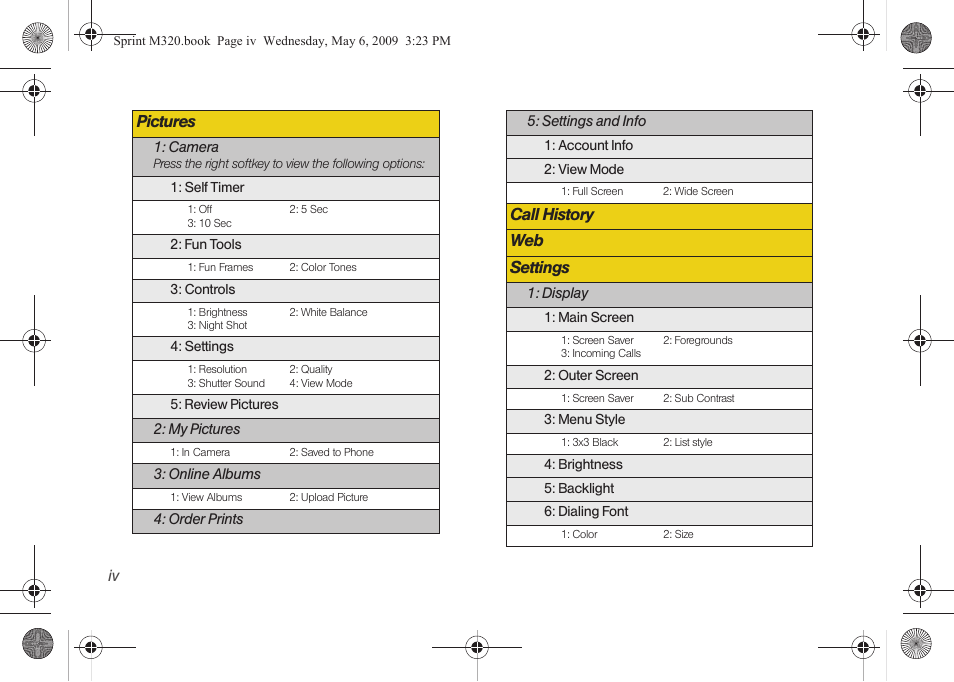 Pictures, Call history web settings | Samsung SPH-M320ZSASPR User Manual | Page 10 / 172