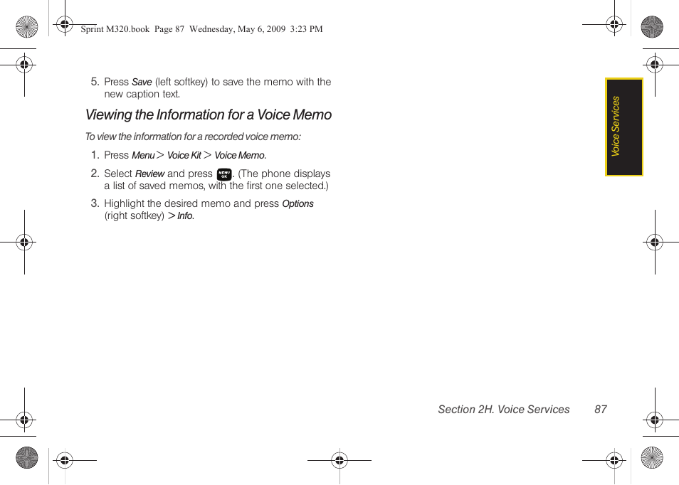 Viewing the information for a voice memo | Samsung SPH-M320ZSASPR User Manual | Page 101 / 172