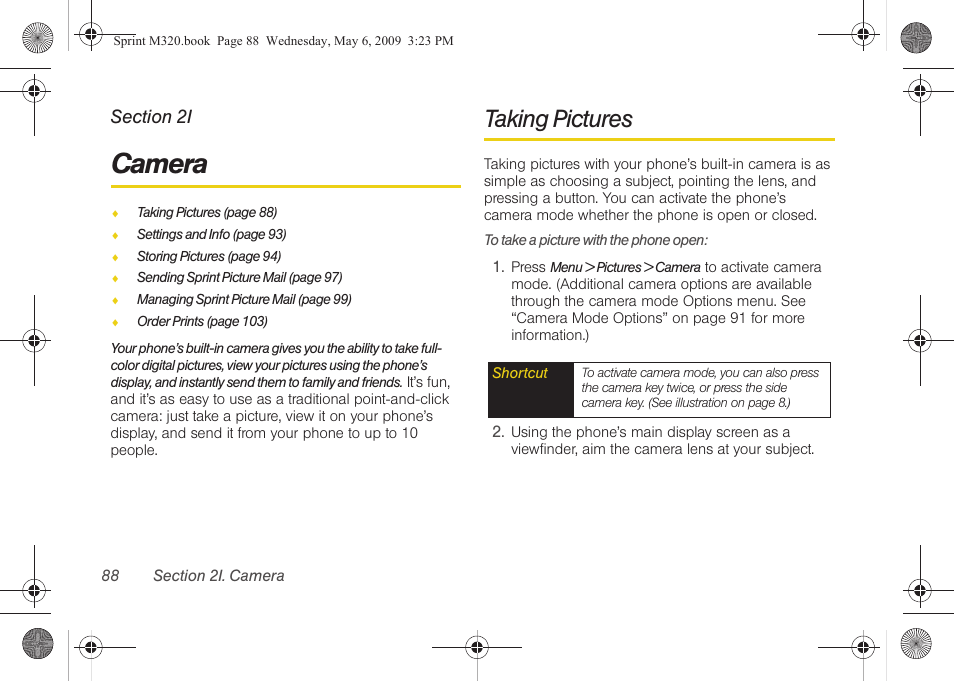 Camera, Taking pictures | Samsung SPH-M320ZSASPR User Manual | Page 102 / 172