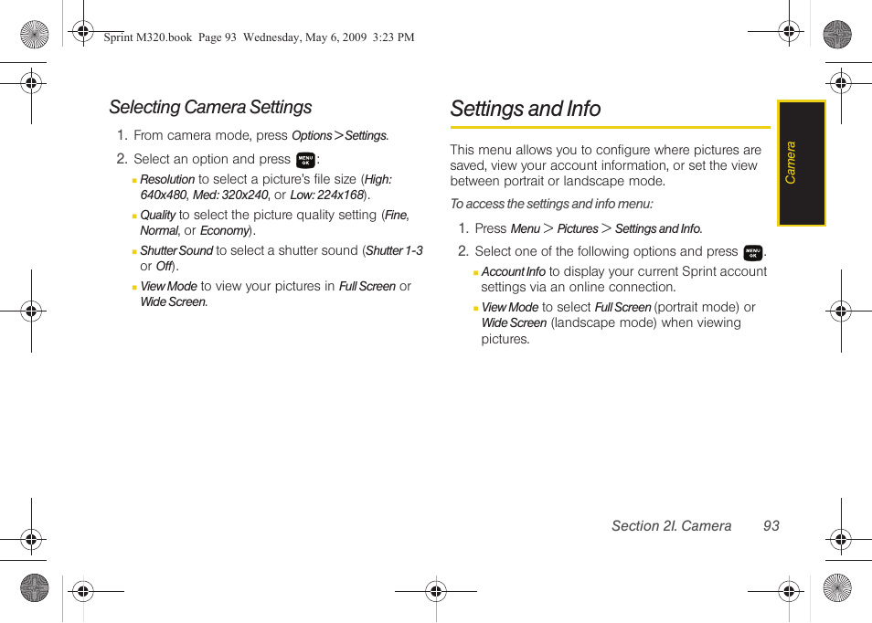 Selecting camera settings, Settings and info, Selecting camera | Samsung SPH-M320ZSASPR User Manual | Page 107 / 172