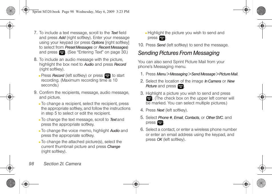 Sending pictures from messaging | Samsung SPH-M320ZSASPR User Manual | Page 112 / 172