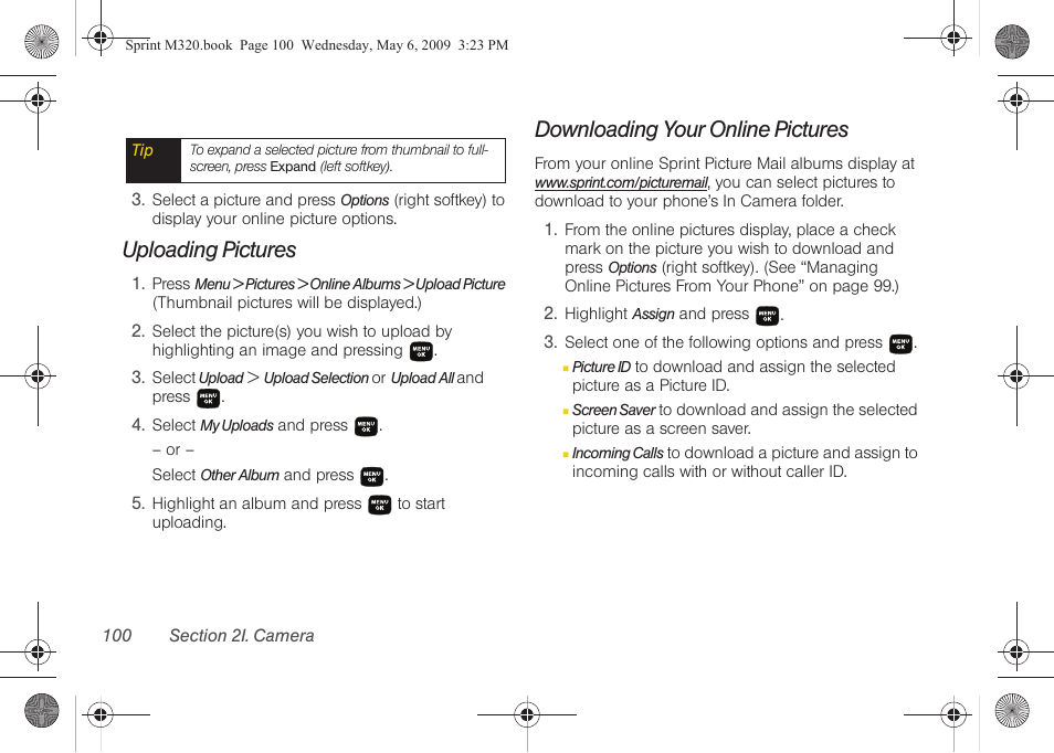 Uploading pictures, Downloading your online pictures | Samsung SPH-M320ZSASPR User Manual | Page 114 / 172