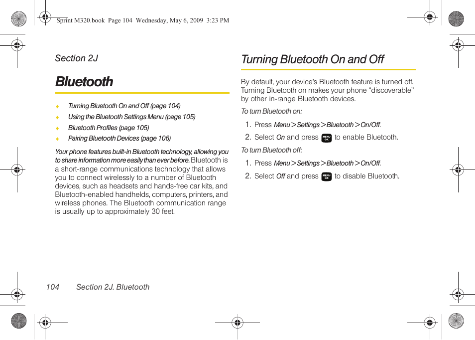 Bluetooth, Turning bluetooth on and off, 2j. bluetooth | Samsung SPH-M320ZSASPR User Manual | Page 118 / 172