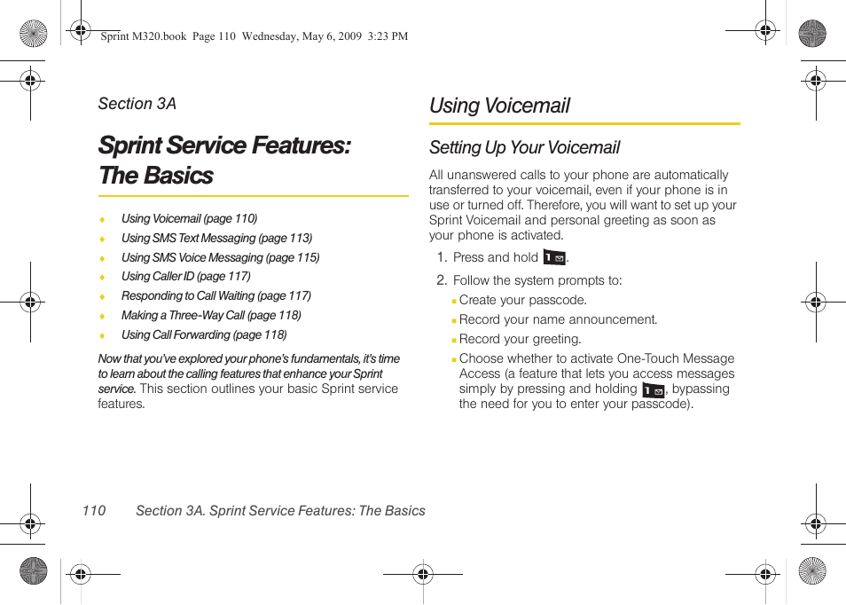 Sprint service features: the basics, Using voicemail, Setting up your voicemail | 3a. sprint service features: the basics, Sprint service features, The basics | Samsung SPH-M320ZSASPR User Manual | Page 124 / 172