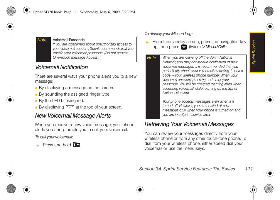 Voicemail notification, New voicemail message alerts, Retrieving your voicemail messages | Samsung SPH-M320ZSASPR User Manual | Page 125 / 172