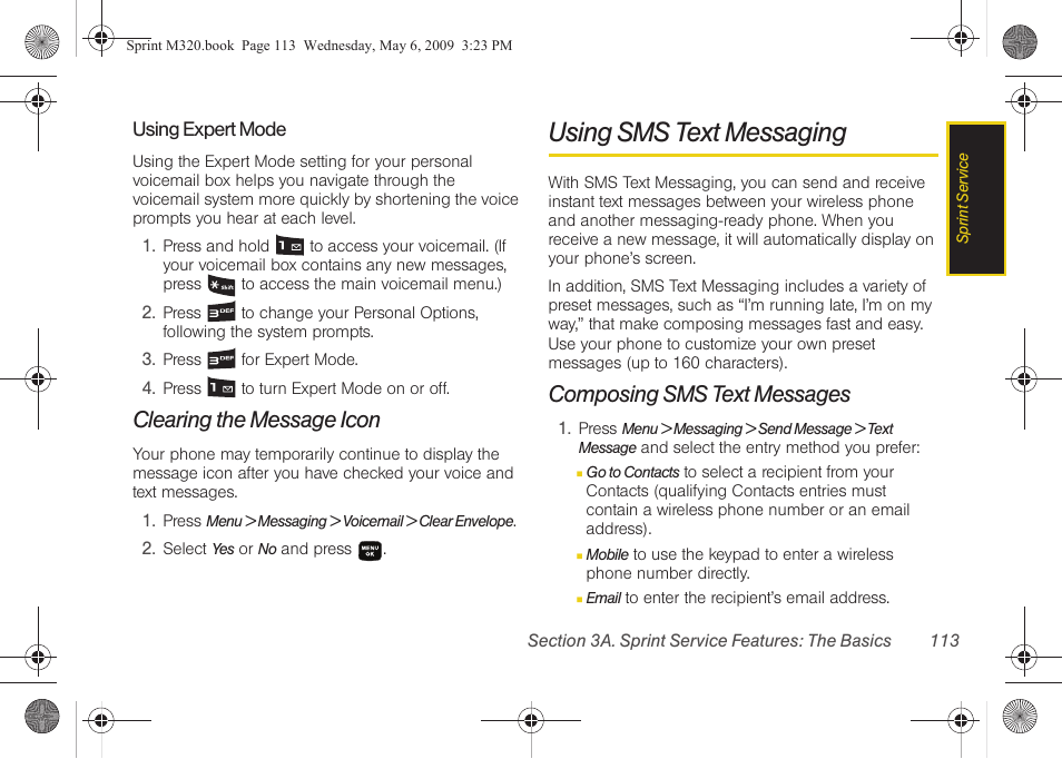 Clearing the message icon, Using sms text messaging, Composing sms text messages | Samsung SPH-M320ZSASPR User Manual | Page 127 / 172