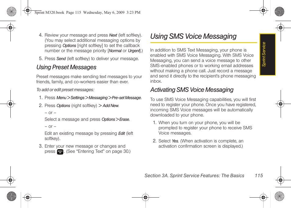 Using preset messages, Using sms voice messaging, Activating sms voice messaging | Samsung SPH-M320ZSASPR User Manual | Page 129 / 172