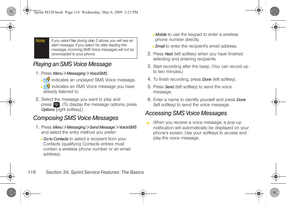 Playing an sms voice message, Composing sms voice messages, Accessing sms voice messages | Samsung SPH-M320ZSASPR User Manual | Page 130 / 172