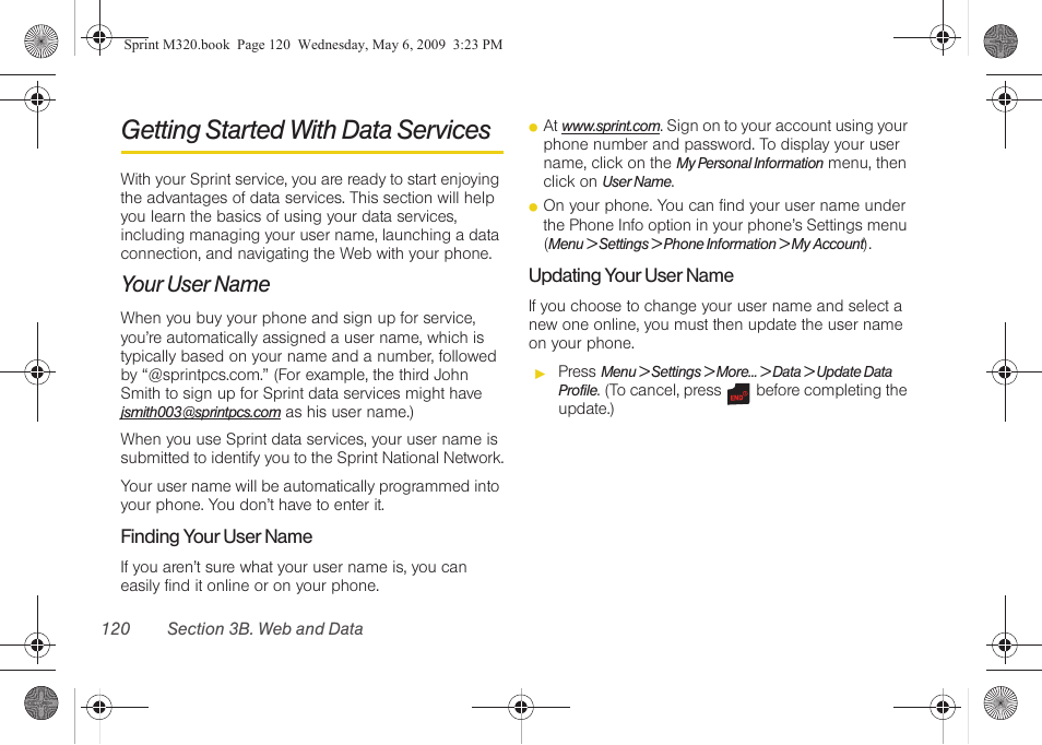Getting started with data services, Your user name | Samsung SPH-M320ZSASPR User Manual | Page 134 / 172